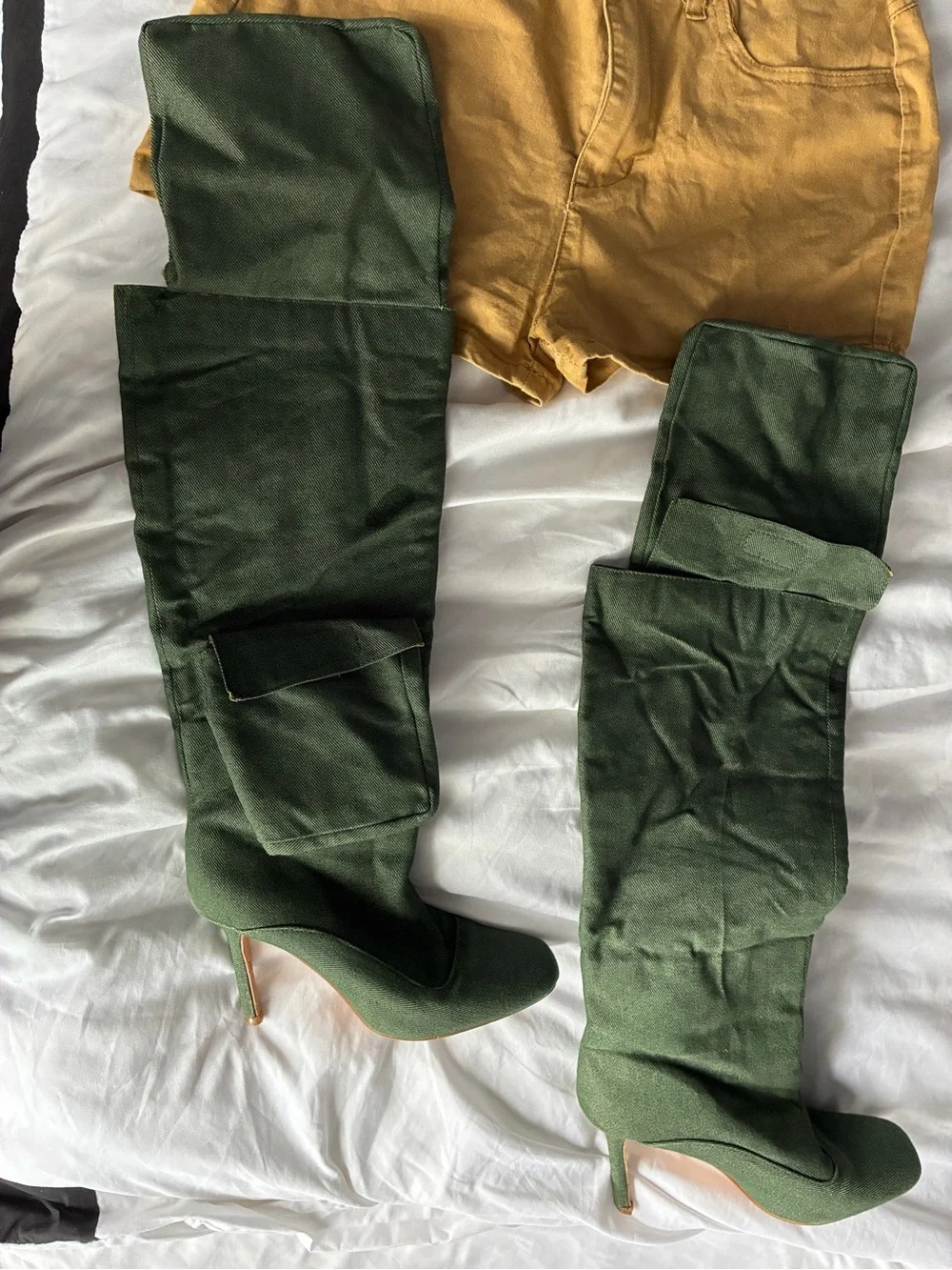 Women’s Olive Green Over-the-Knee Stiletto Boots with pockets